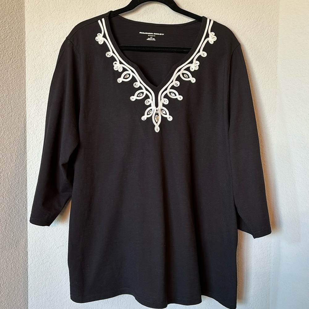Allison Daley Black White Contrast Trim Top 3X 3/4 Sleeve